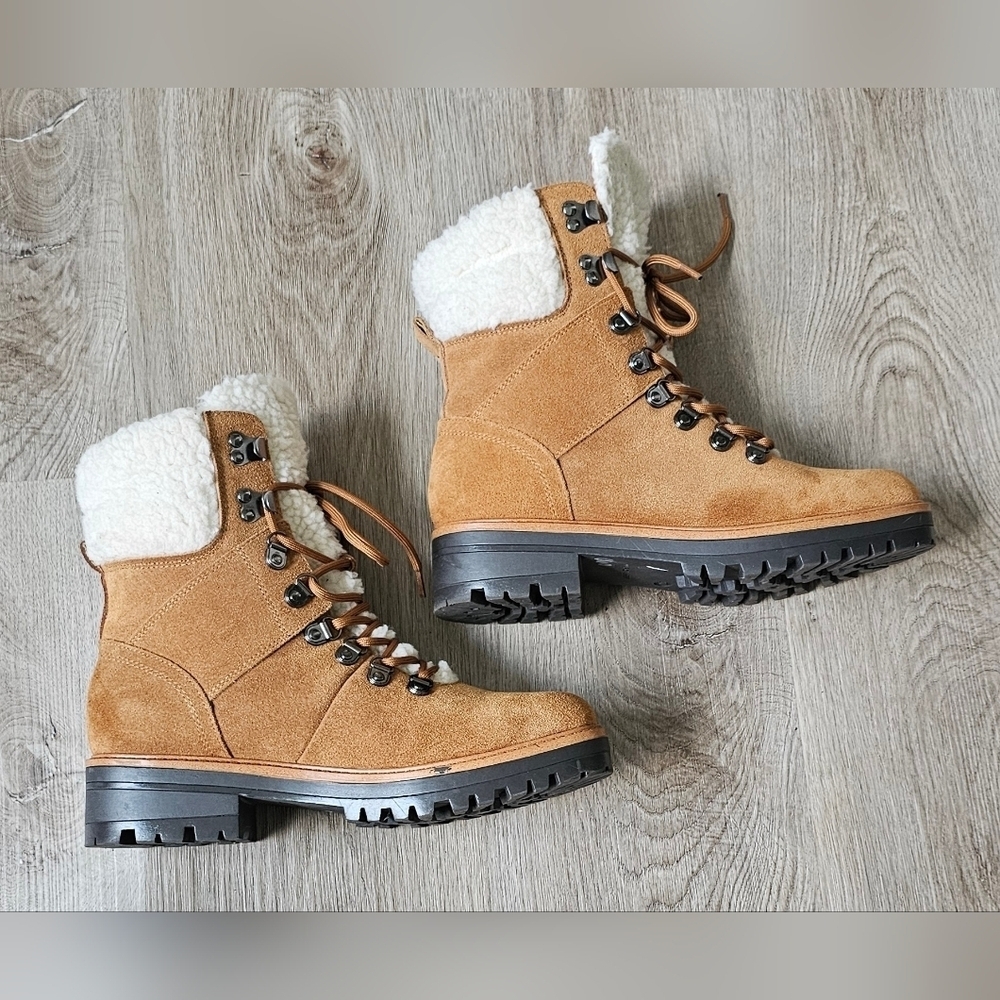 Marc Fisher Tan Suede Sherpa-Lined Lace-Up Winter Boots – Size 8M - Picture 9 of 12